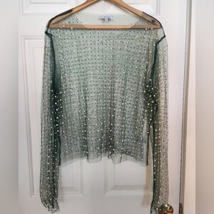 White Birch Green Sheer Blouse with Pearl Accents